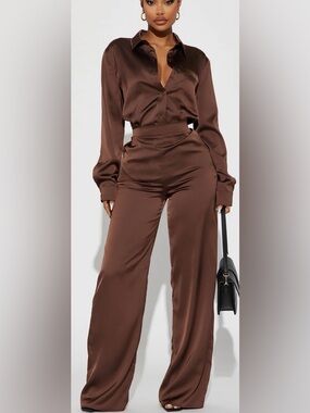 Fashion Nova Satin Wide Leg Jumpsuit in Chocolate Brown